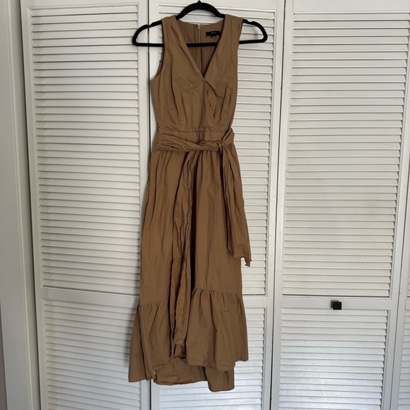 J.Crew midi dress brown camel Faux Wrap Cotton Poplin Dress belted Size 0 - Picture 3 of 12